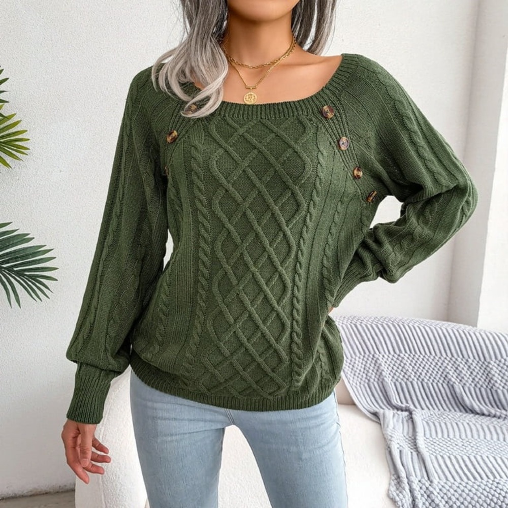 Cable-Knit Crew Sweater with Shoulder Buttons - Green